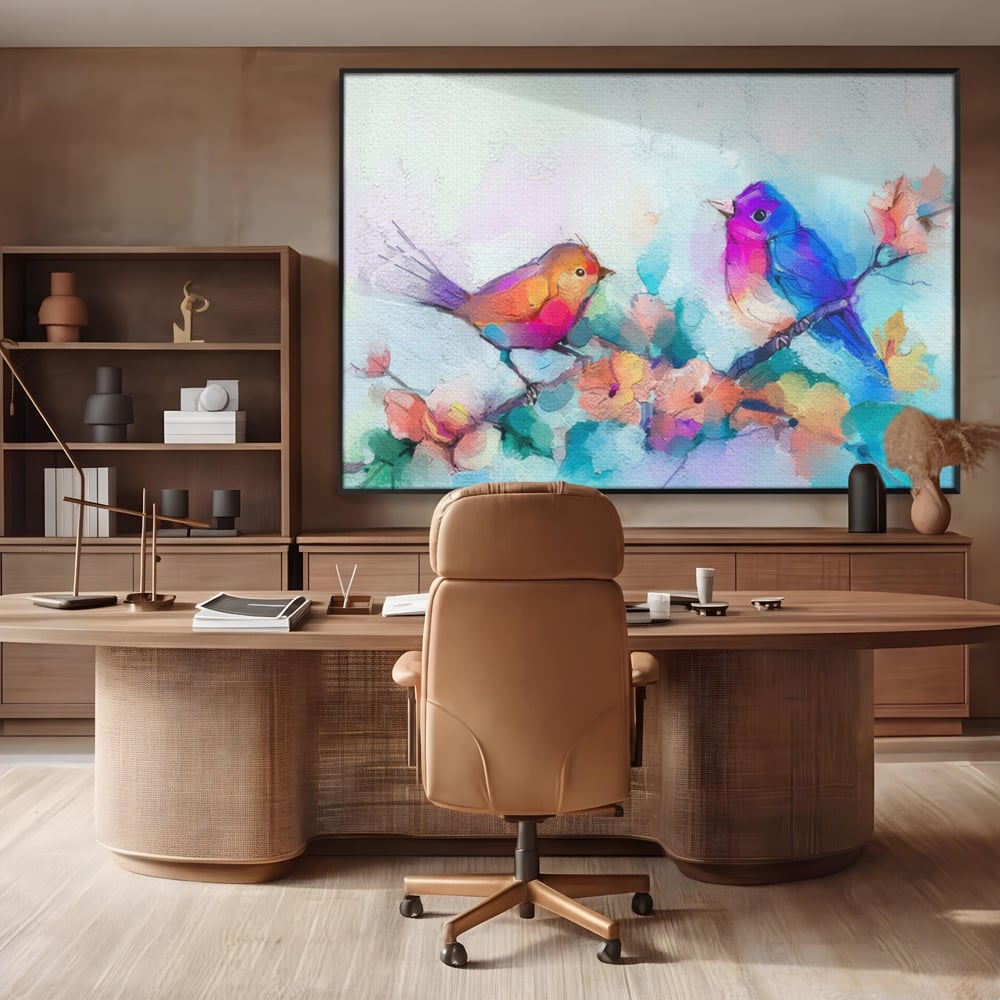 Tablou canvas cu pictura digitala cu doua pasari colorate, in rama de aluminiu negru, pe perete intr-un birou